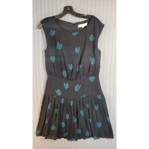 loft heart print dress womens size 6 black with blue ruffle skirt lined NEW